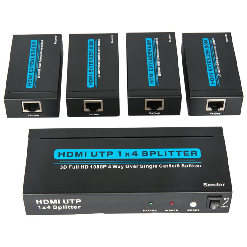 4 portar HDMI UTP 1x4 splitter över singel Cat5e \/ 6 med 4 mottagare upp till 60 meter